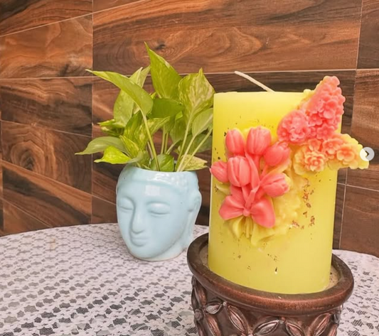 Floral Bliss Pillar Candle | Handcrafted Soy Wax Candle with 3D Flower Design | Eco-Friendly Home Décor