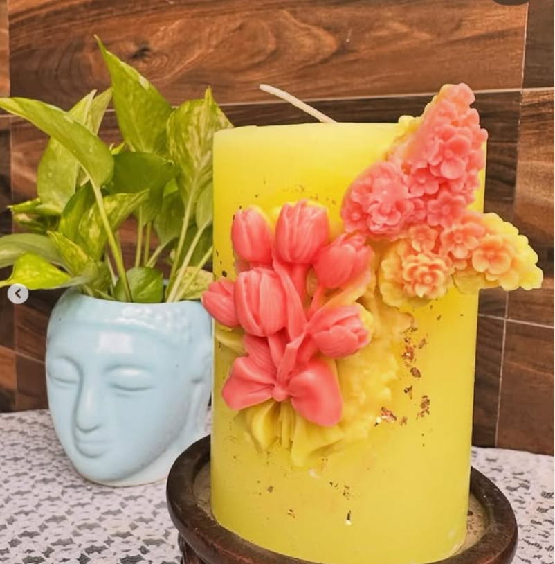 Floral Bliss Pillar Candle | Handcrafted Soy Wax Candle with 3D Flower Design | Eco-Friendly Home Décor